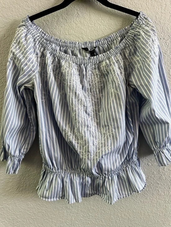White House Black Market Off Shoulder Embroidered Blouse Blue Stripe Cotton L - Picture 1 of 14